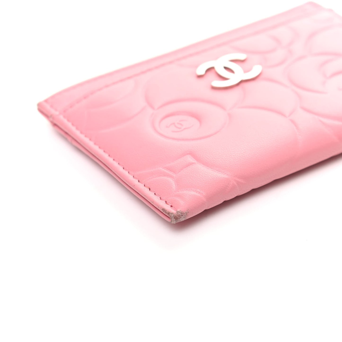 Lambskin Camellia Embossed Card Holder Pink