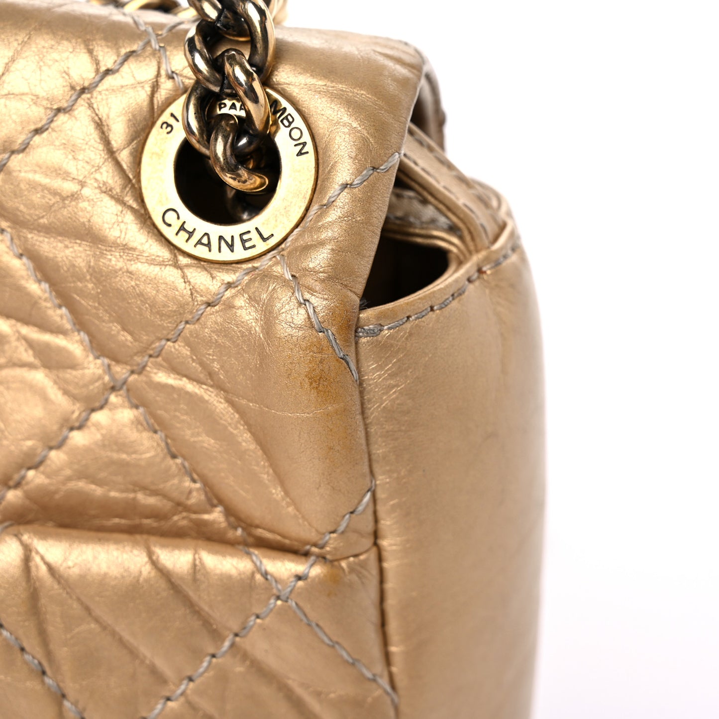 Metallic Aged Calfskin Quilted CC Square Flap Light Gold