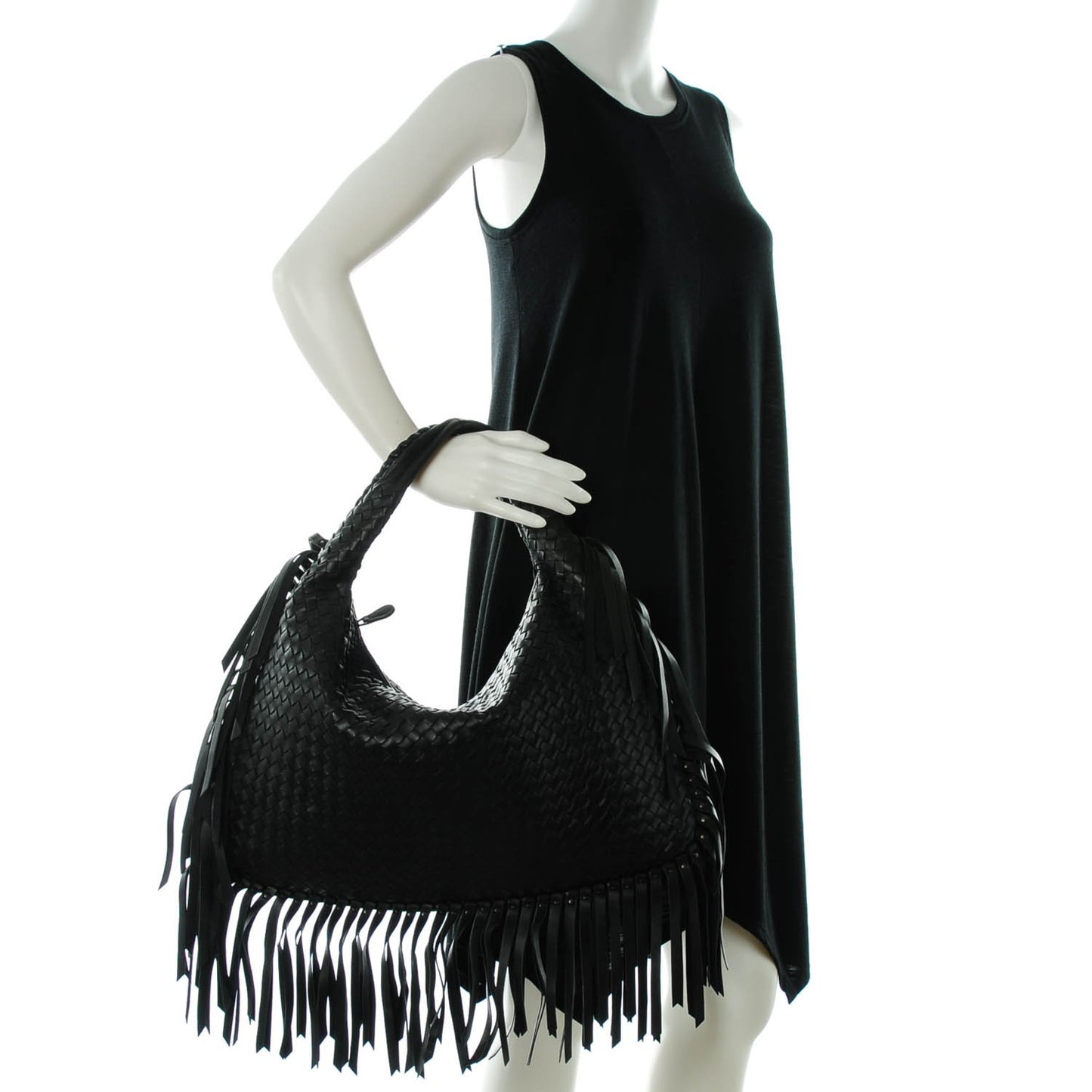 Nappa Intrecciato Veneta Large Fringed Hobo Nero Black