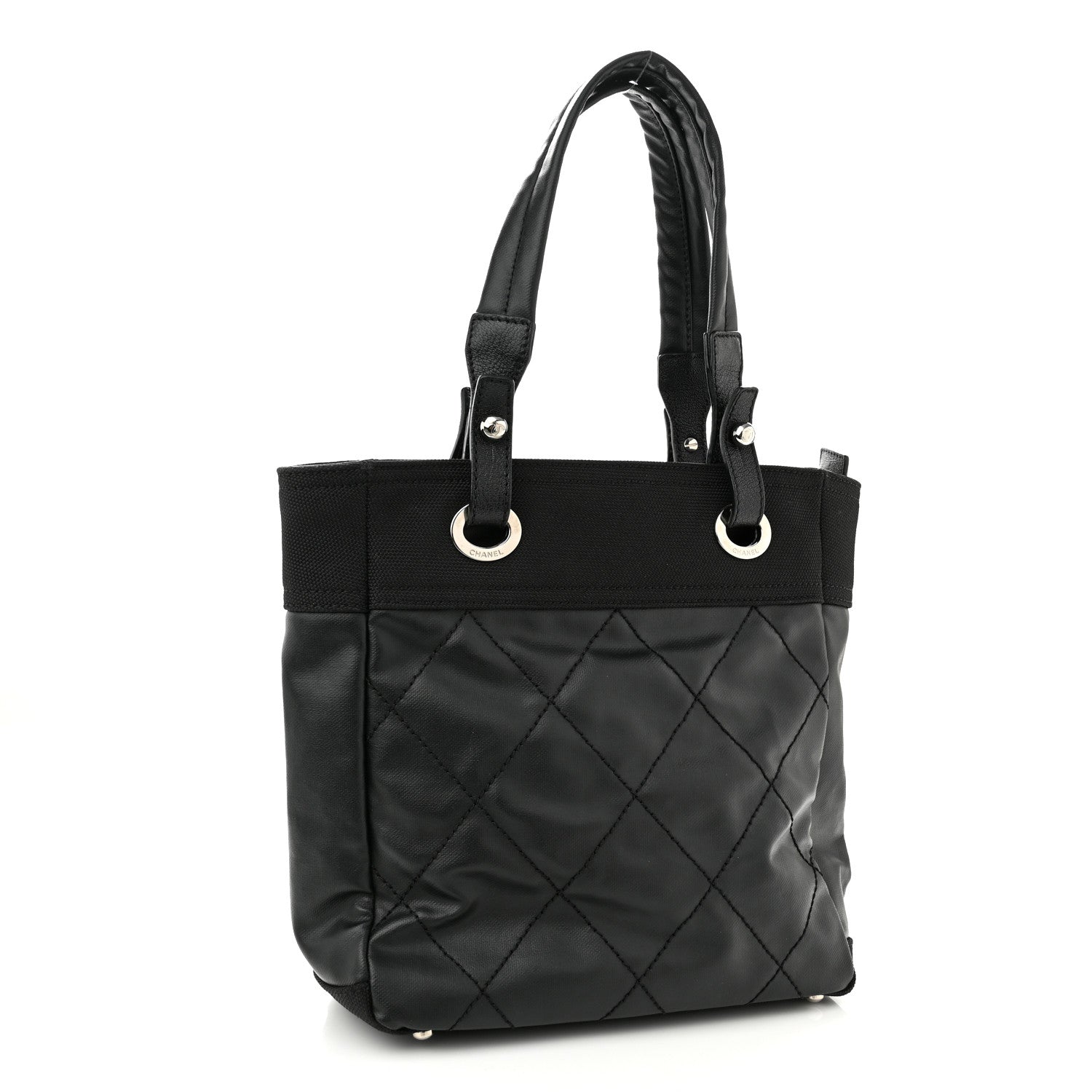 Chanel Coated Canvas Quilted Small Paris Biarritz Tote Black 3 of 10