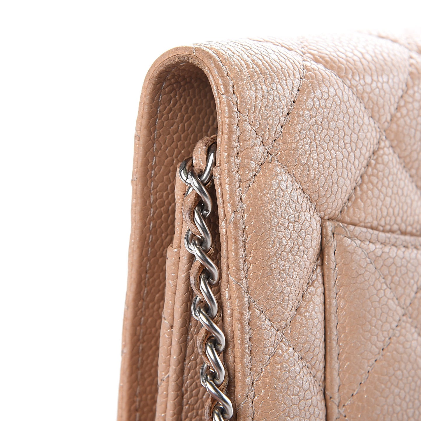 Metallic Caviar Quilted Wallet on Chain WOC Beige