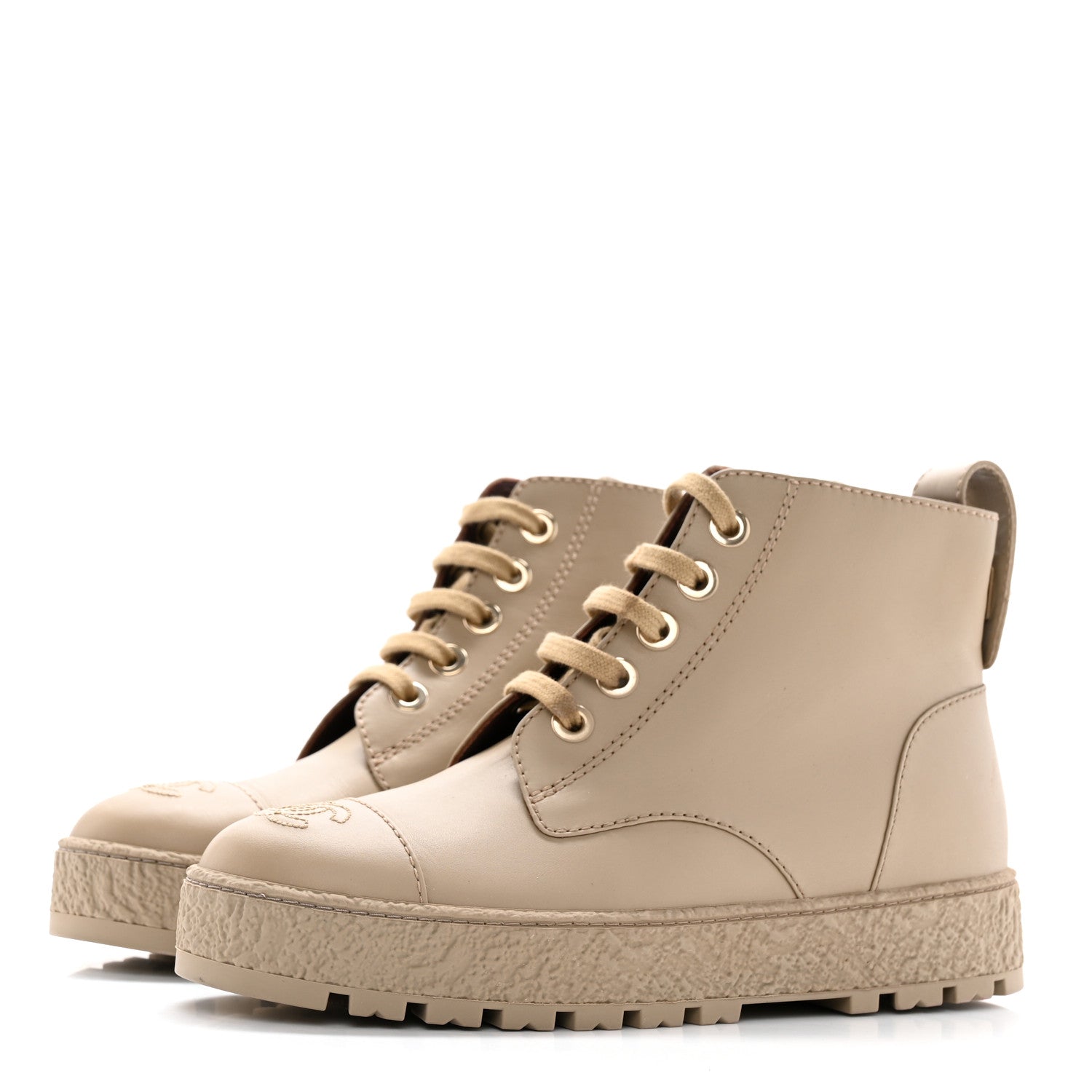 Chanel Calfskin CC Turnlock Lace Up Boots 38.5 Beige 3 of 16