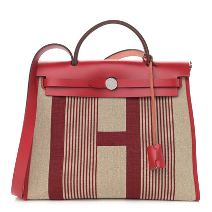 Hermes Vache Hunter Toile H Vibration Herbag Zip 31 PM Bordeaux Ficelle Rouge Piment 3 of 12