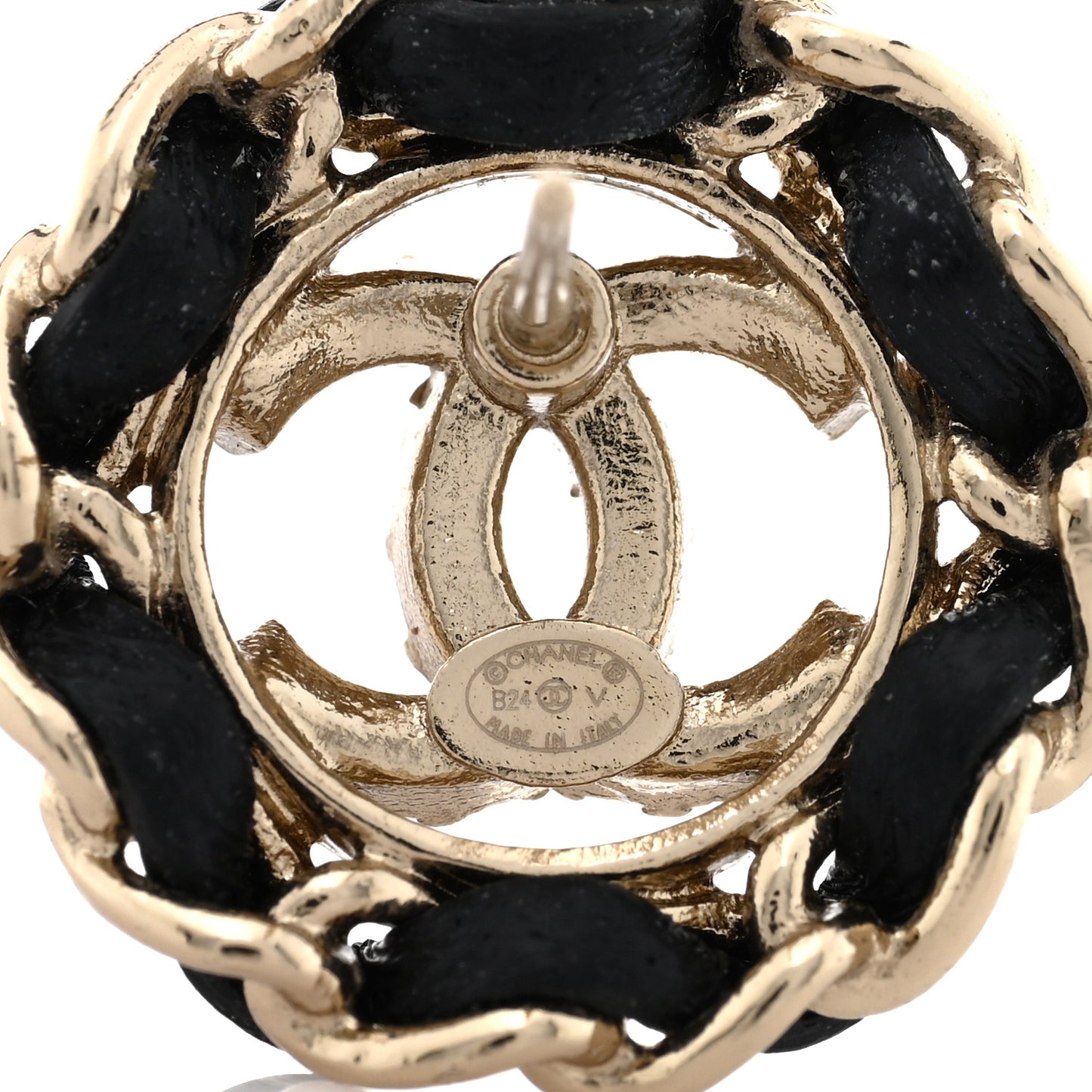 Crystal Lambskin Chain CC Stud Earrings Black Gold