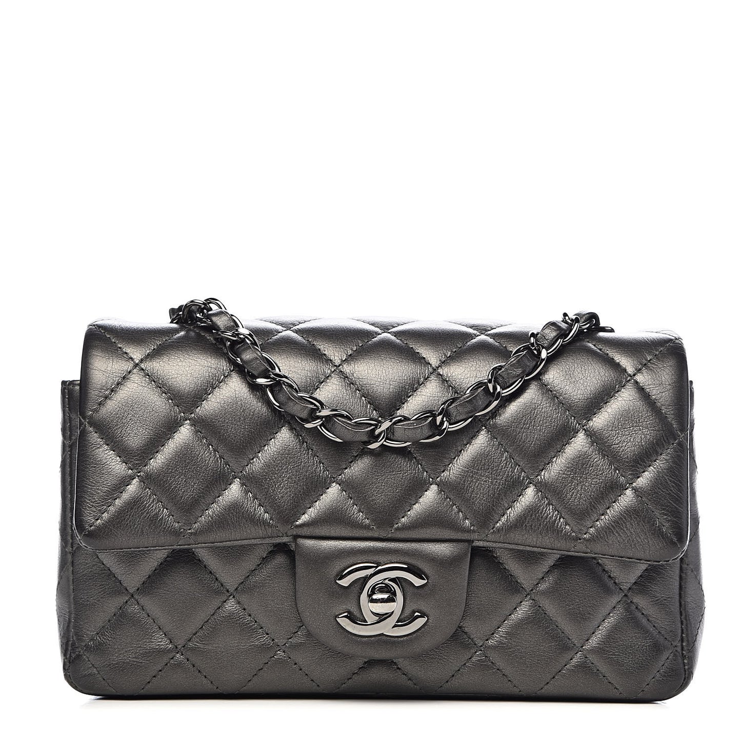 Metallic Calfskin Quilted Mini Rectangular Flap Charcoal Grey