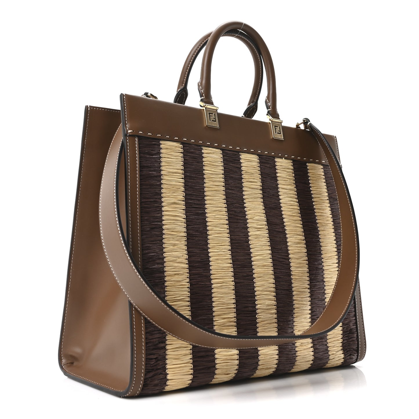Paglia Pequin Vitello King Woven Medium Fendi Sunshine Shopper Tote Naturale Gianduia