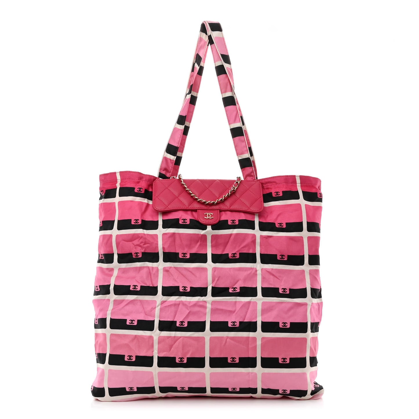 Caviar Fabric Quilted Foldable Tote With Chain Pink Multicolor
