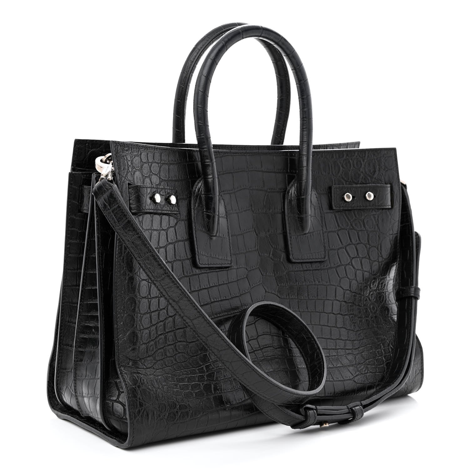 Saint Laurent Calfskin Crocodile Embossed Small Supple Sac de Jour Black 3 of 13