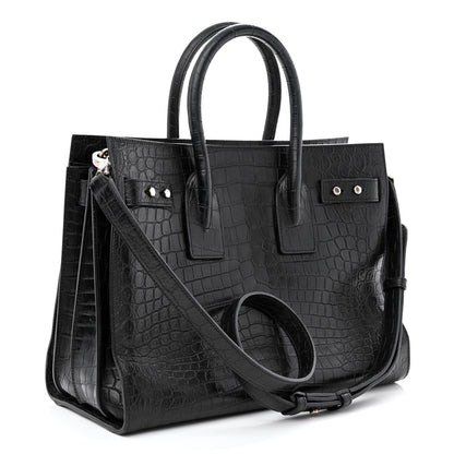 Saint Laurent Calfskin Crocodile Embossed Small Supple Sac de Jour Black 3 of 13