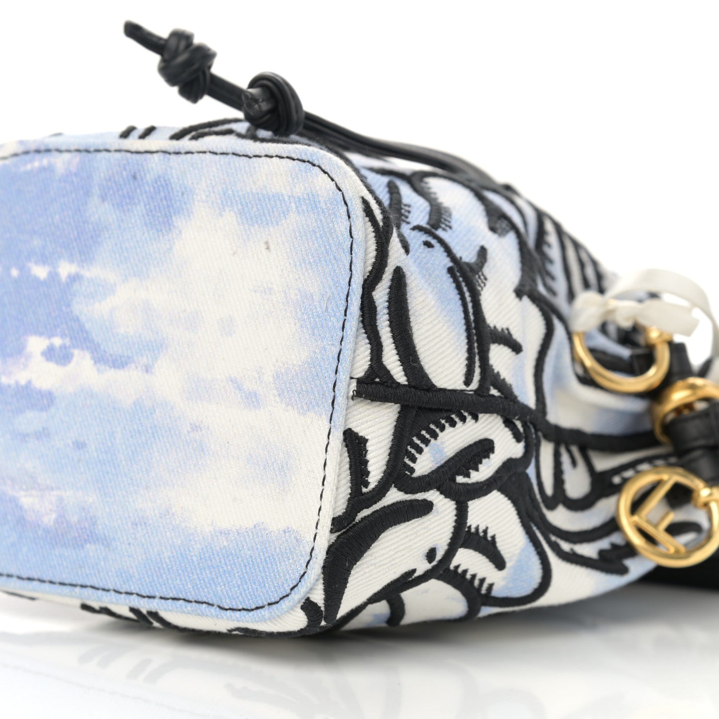X JOSHUA VIDES Fabric Flower Clouds Embroidered Mini Mon Tresor Bucket Bag White Celeste Black