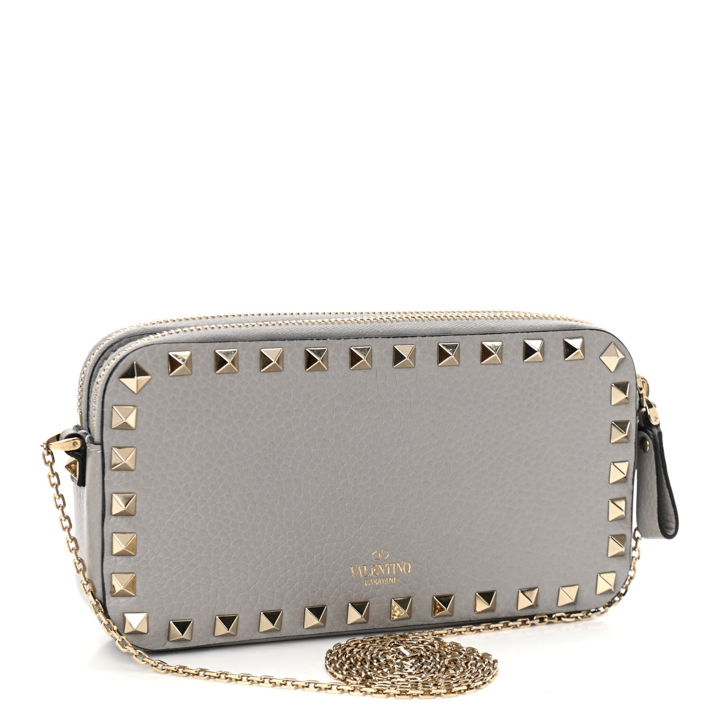 Pebbled Calfskin Rockstud Double Zip Camera Crossbody Bag Grey