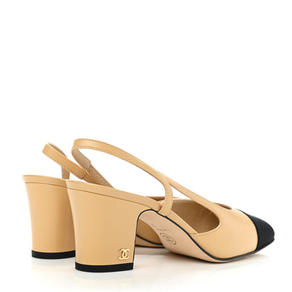 Chanel Goatskin Grosgrain Cap Toe CC Slingback Pumps 35 Beige Black 4 of 9