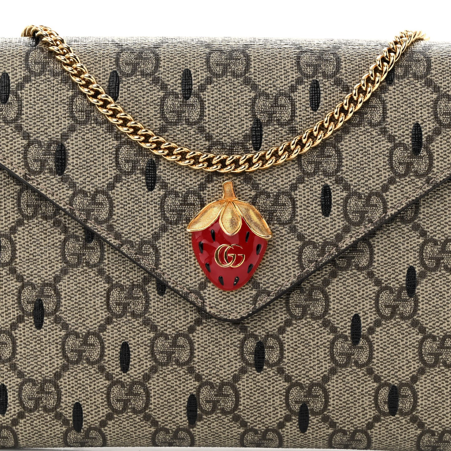 GG Supreme Monogram Strawberry Seed Textured Dollar Calfskin Enamel Double G Strawberry Wallet On Chain Beige Ebony Black New Acero Hibiscus Red