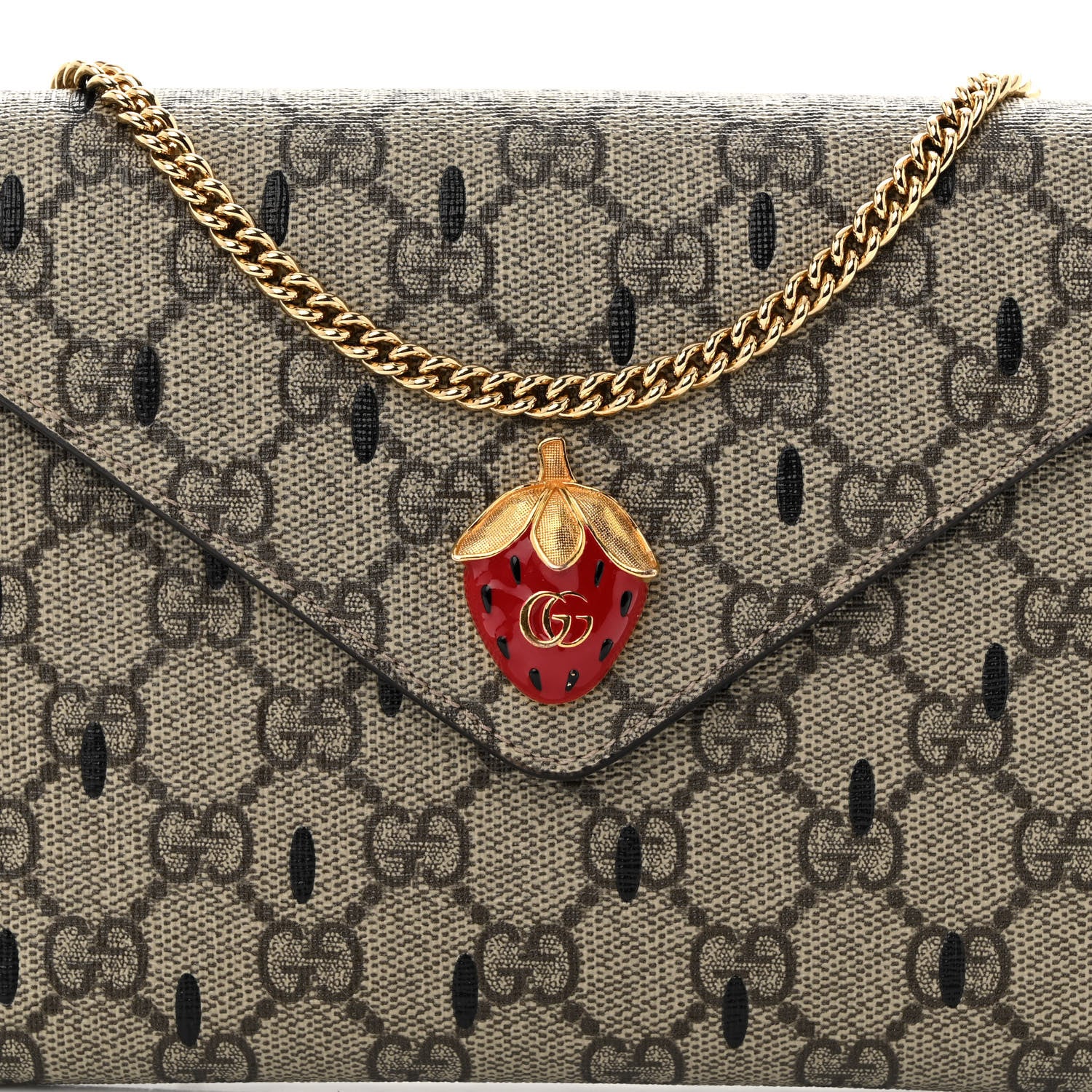 Gucci GG Supreme Monogram Strawberry Seed Textured Dollar Calfskin Enamel Double G Strawberry Wallet On Chain Beige Ebony Black New Acero Hibiscus Red 8 of 10