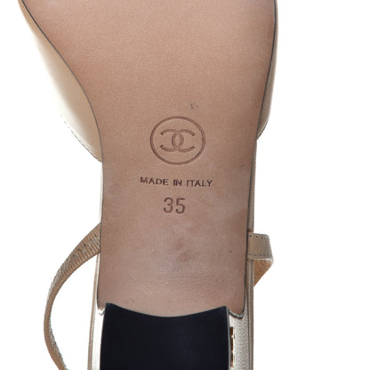 Chanel Goatskin Grosgrain Cap Toe CC Slingback Pumps 35 Beige Black 6 of 9