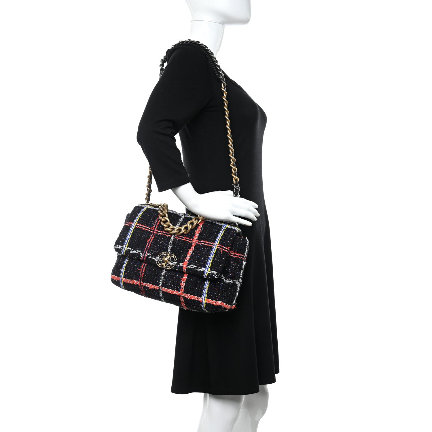 Chanel Tweed Quilted Large Chanel 19 Flap Black Orange Blue 2 of 9