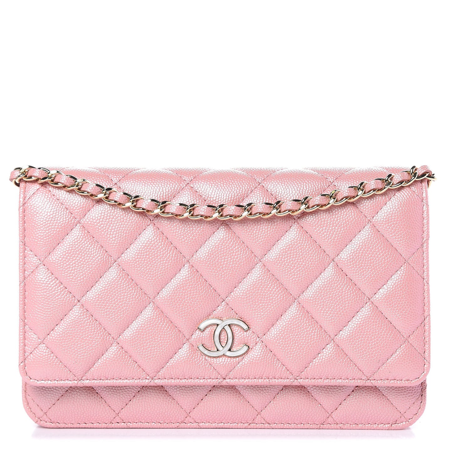 Iridescent Caviar Quilted Wallet on Chain WOC Pink