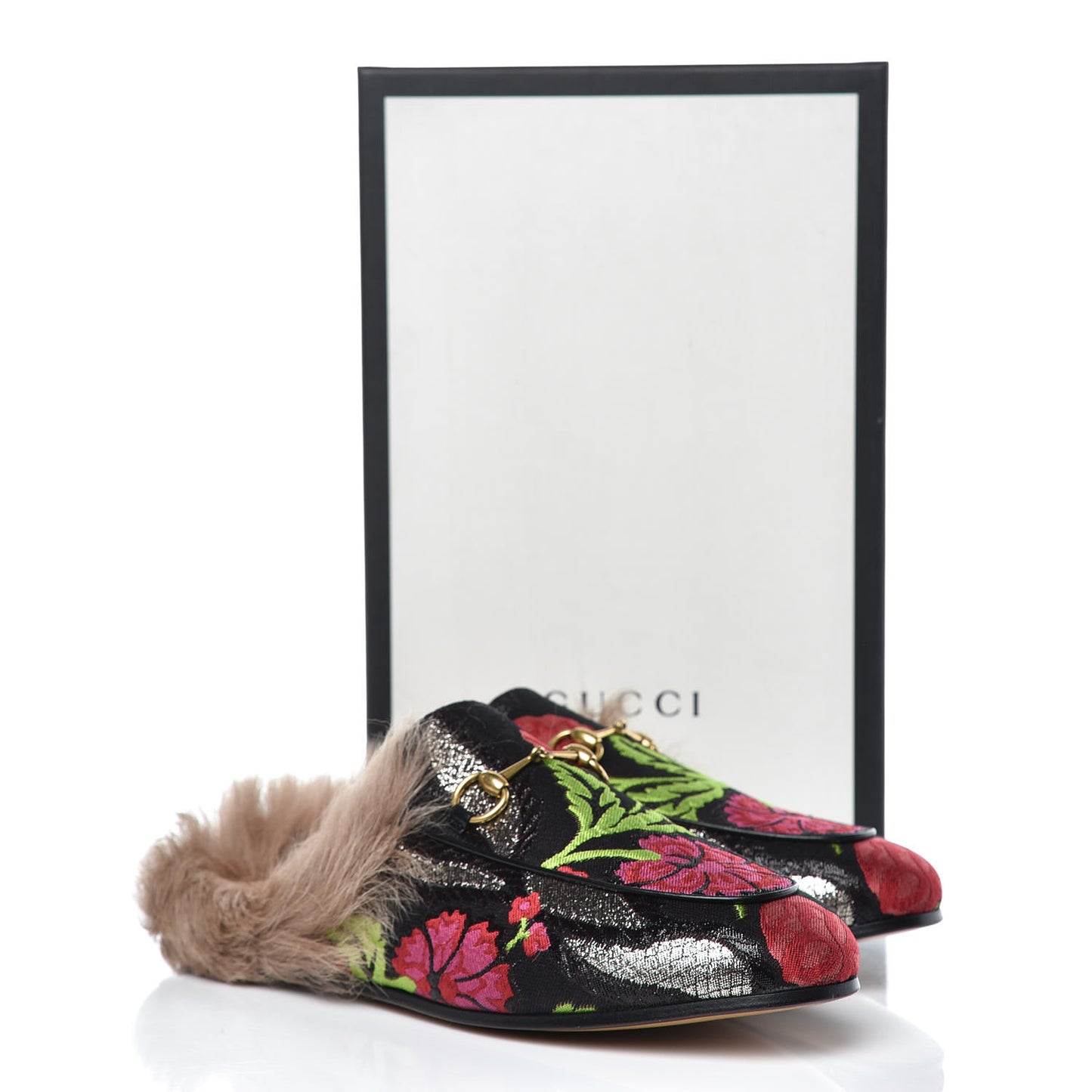 Brocade Fur Floral Womens Princetown Slippers 40 Black Anthracite