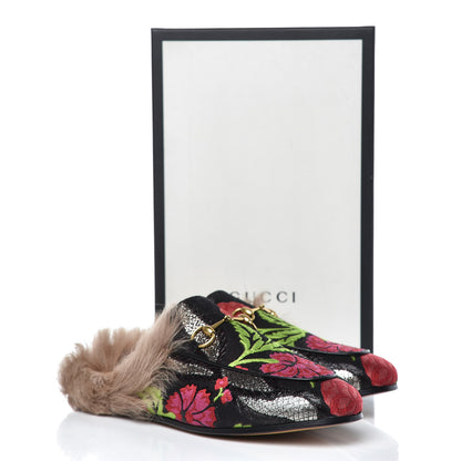 Gucci Brocade Fur Floral Womens Princetown Slippers 40 Black Anthracite 9 of 9