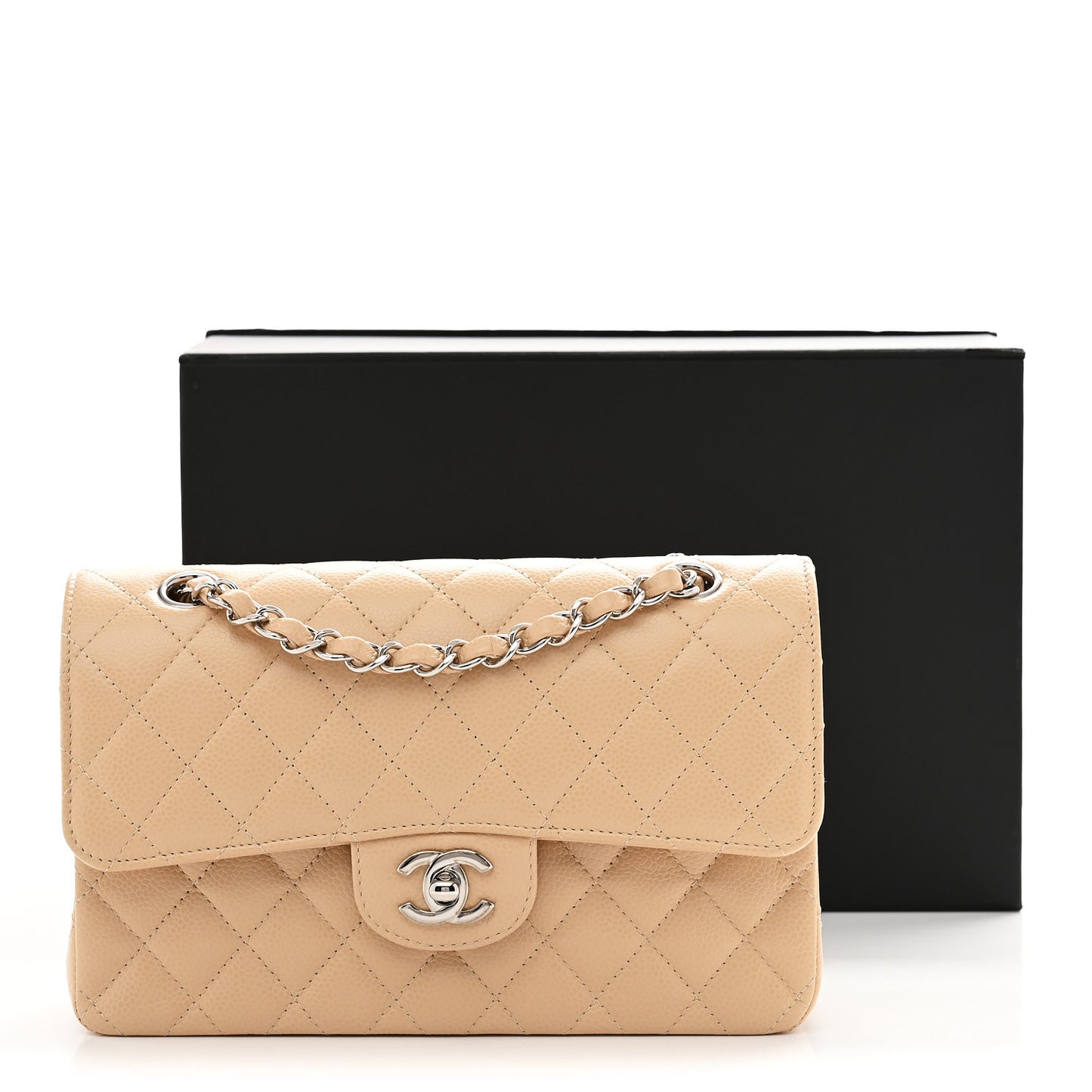 Caviar Quilted Small Double Flap Beige