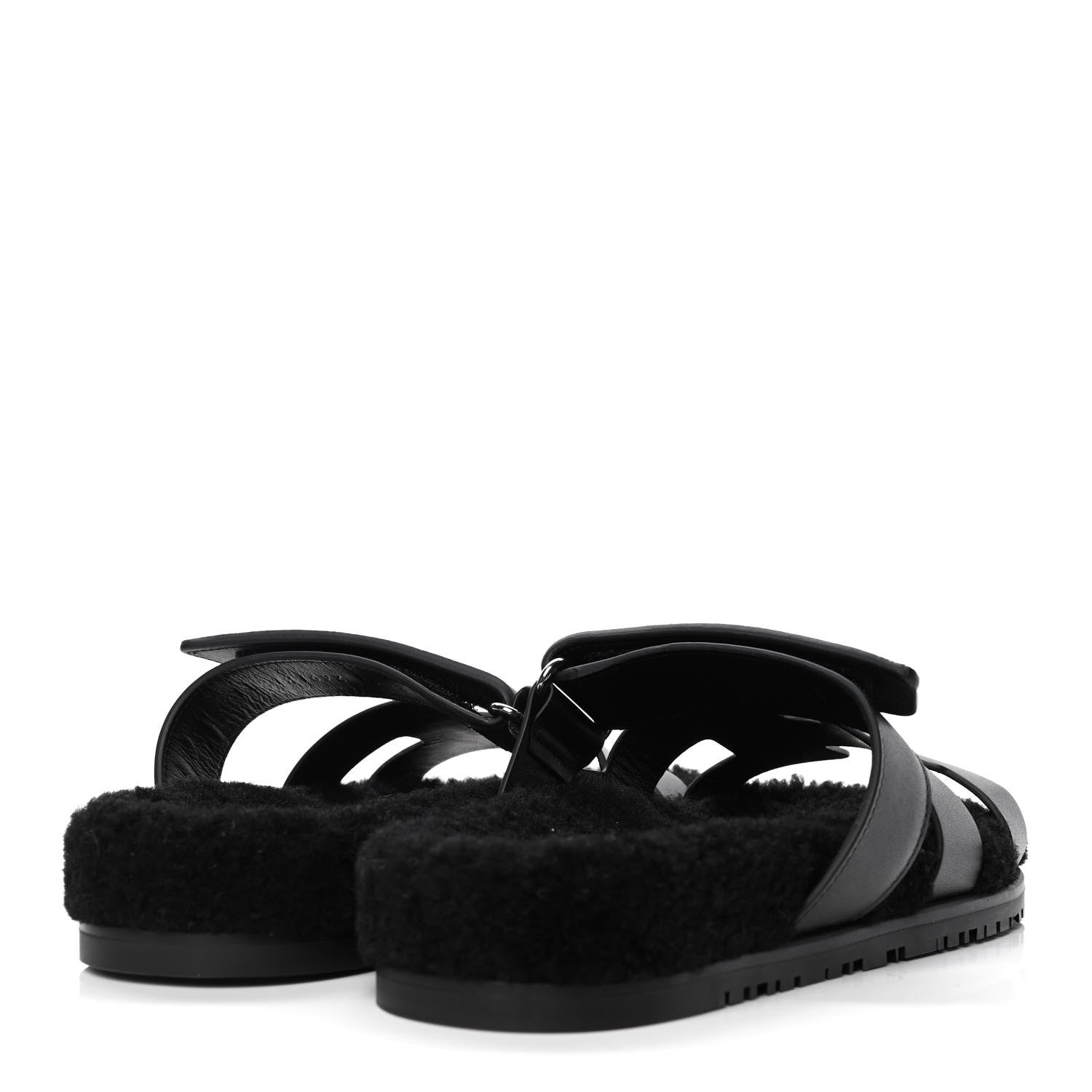 Hermes Calfskin Woolskin Womens Chypre Sandals 39 Black 3 of 4