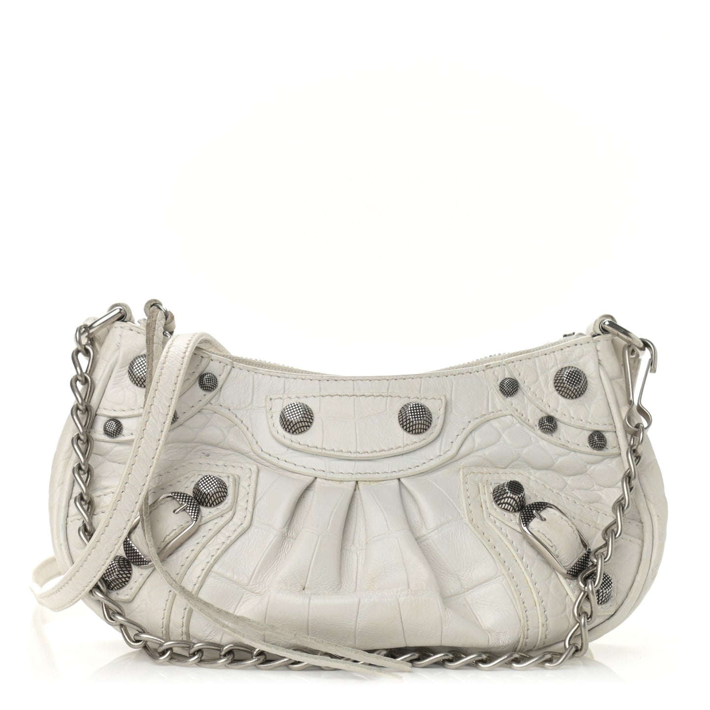 Extra Supple Calfskin Crocodile Embossed Le Cagole Mini Purse With Chain White