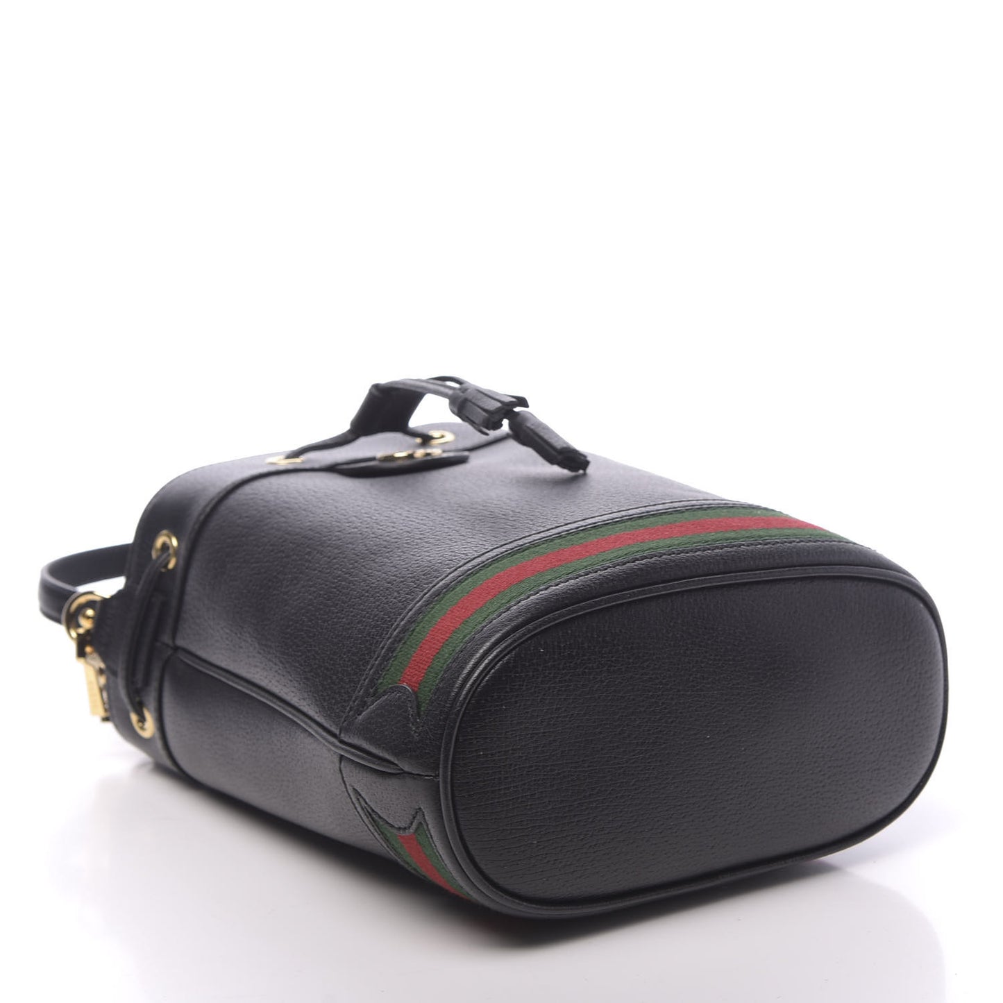 Glazed Textured Calfskin Web Small Ophidia Bucket Bag Black