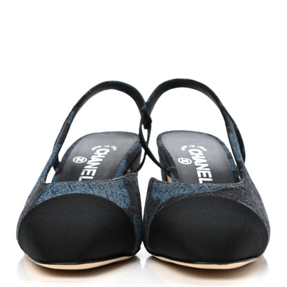 Chanel Denim Cap Toe CC Slingback Pumps 37.5 Charcoal Black Blue 2 of 4