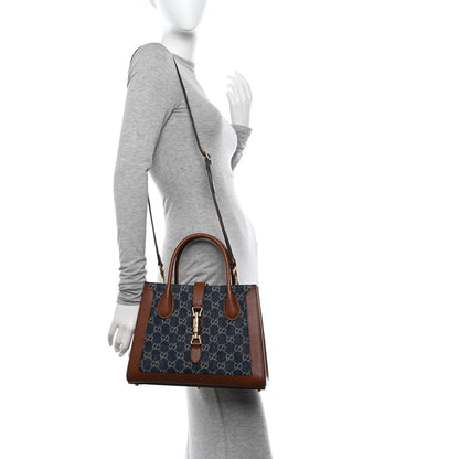 Gucci New Denim GG Monogram Dollar Calfskin Medium Jackie 1961 Tote Blue Tea Cuir Epilog 2 of 13