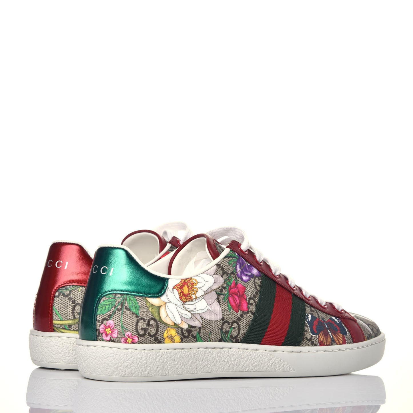 GG Supreme Monogram Flora Web Womens Ace Sneakers 35 Beige Multicolor Rosso