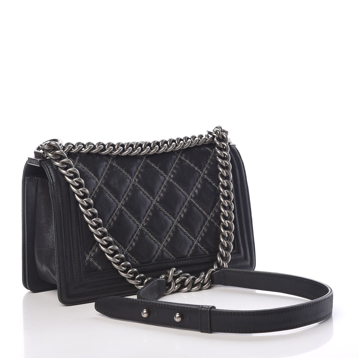 Iridescent Calfskin Embellished Double Stitch Medium Boy Flap Black