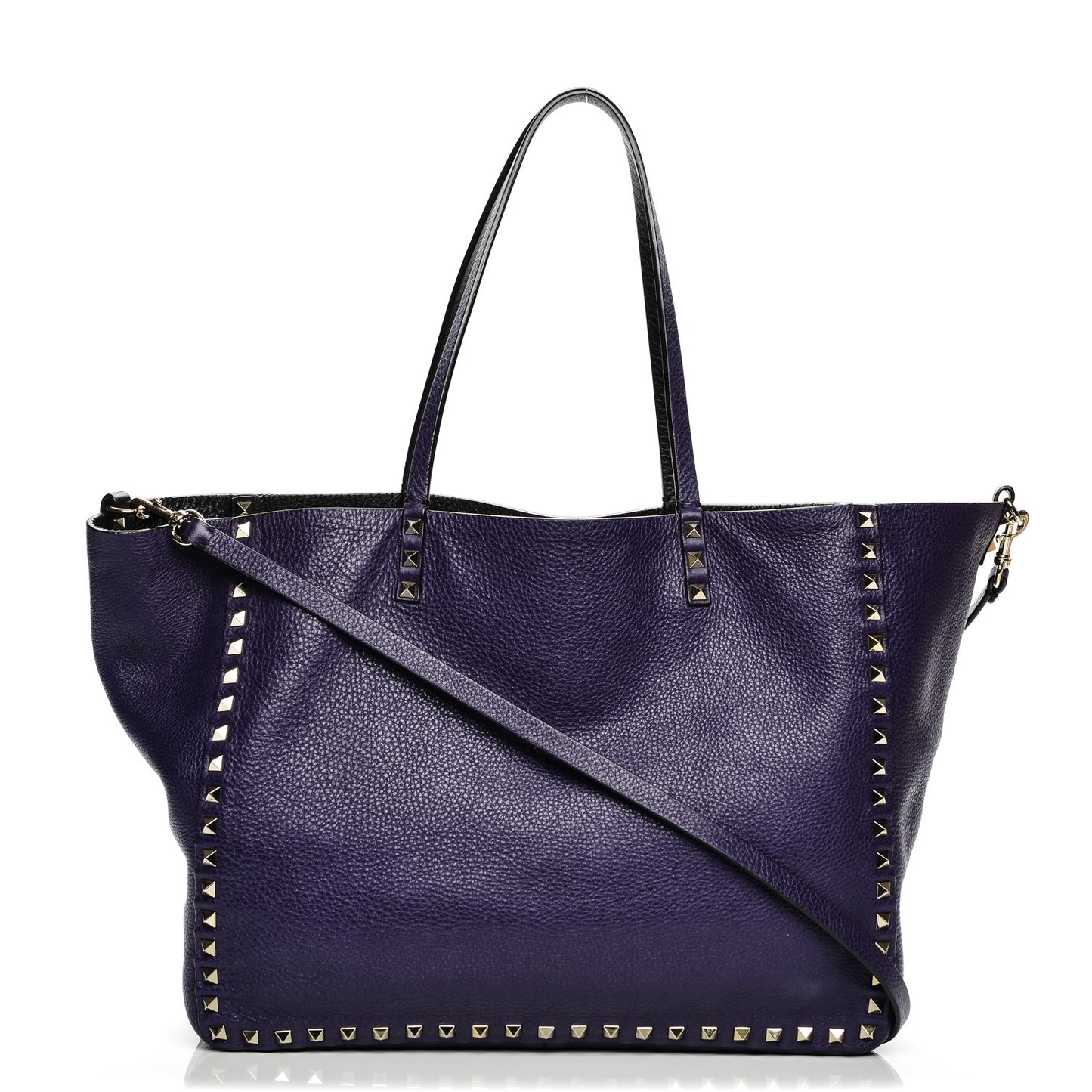 Grained Calfskin Medium Rockstud Reversible Tote Black Purple