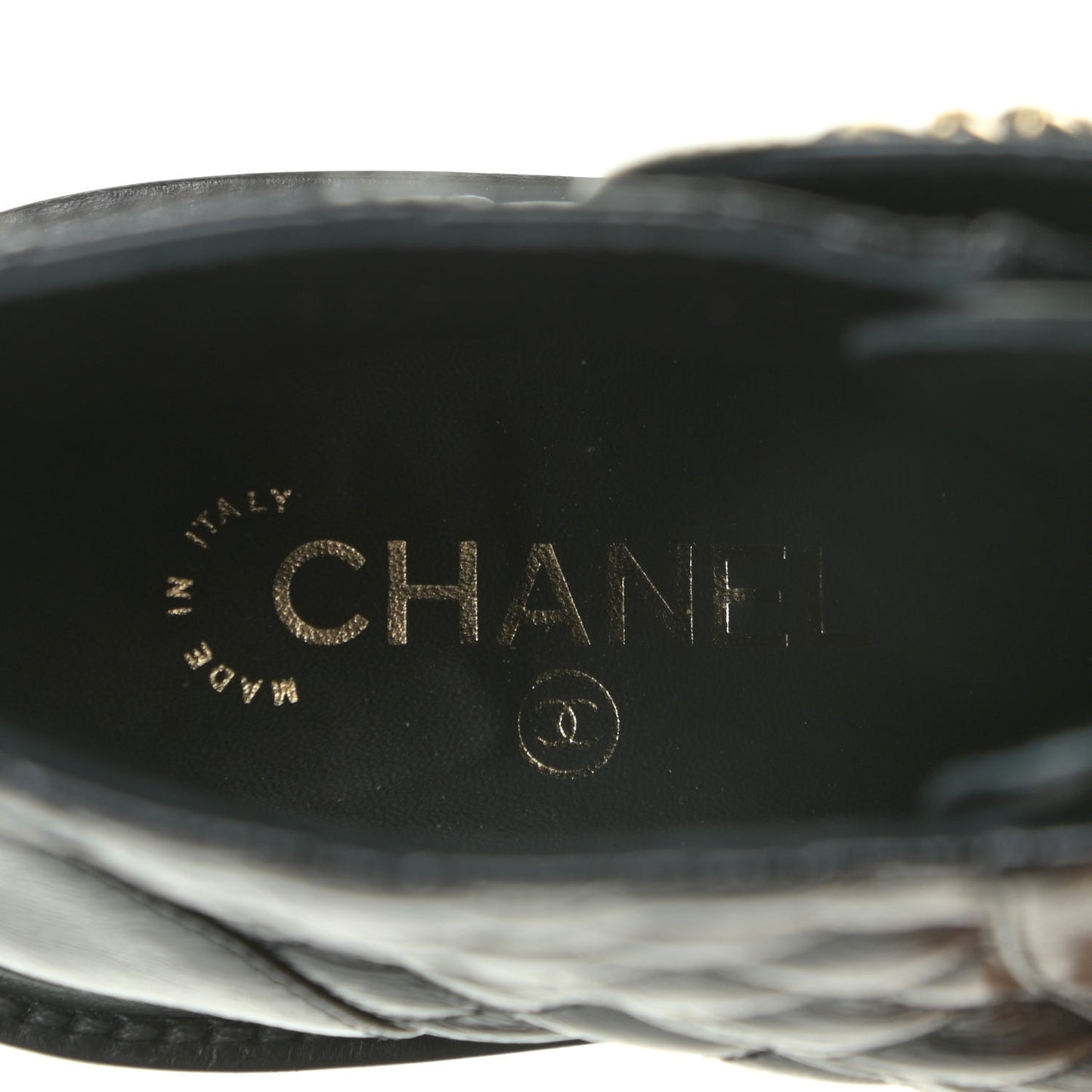 Shiny Calfskin Quilted Lace Up Combat Boots 38.5 Black