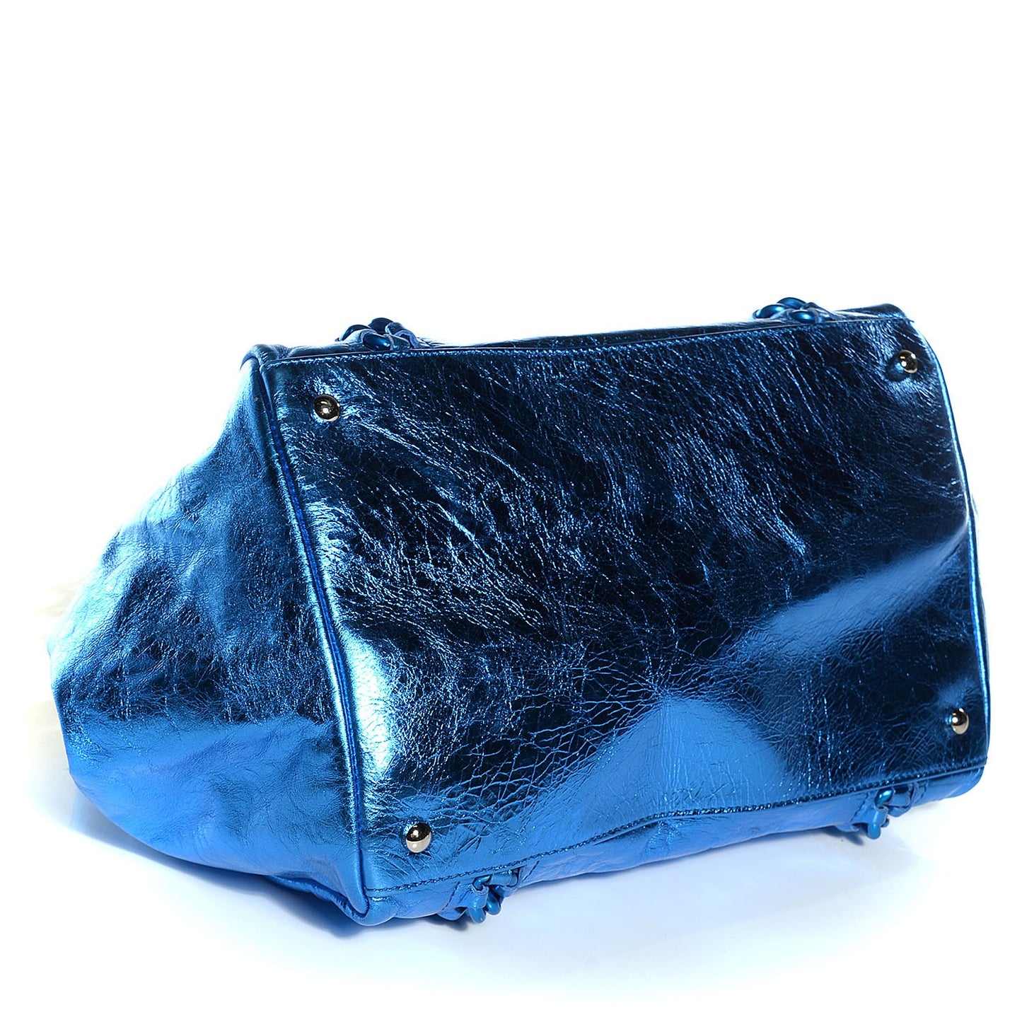 Metallic Cracked Calfskin Small Modern Chain Tote Blue