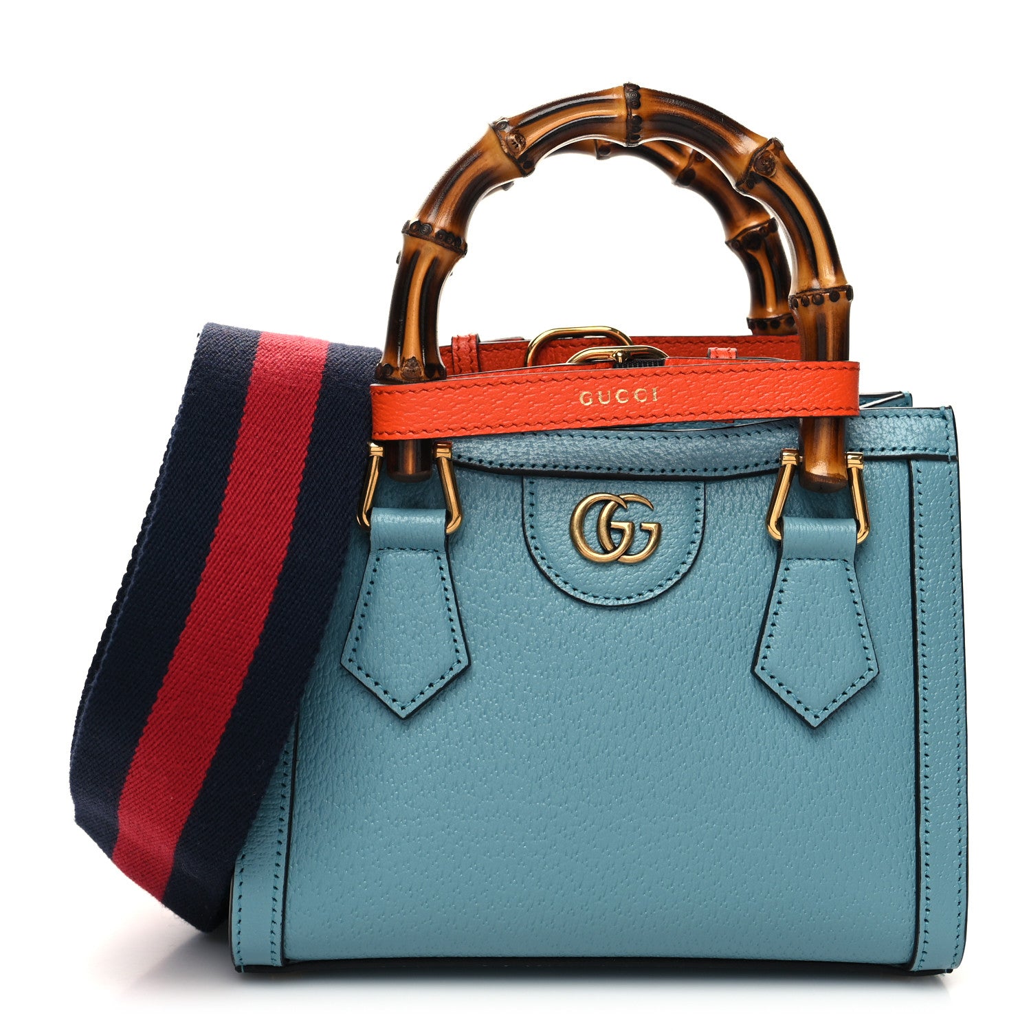 Gucci Textured Dollar Calfskin Web Mini Diana Tote Bag Dusty Azure Deep Orange 1 of 10