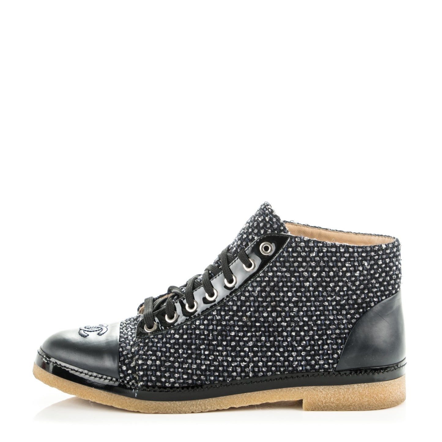 Tweed Calfskin Patent CC Lace Up Short Boots 40.5 Black Grey Dark Navy