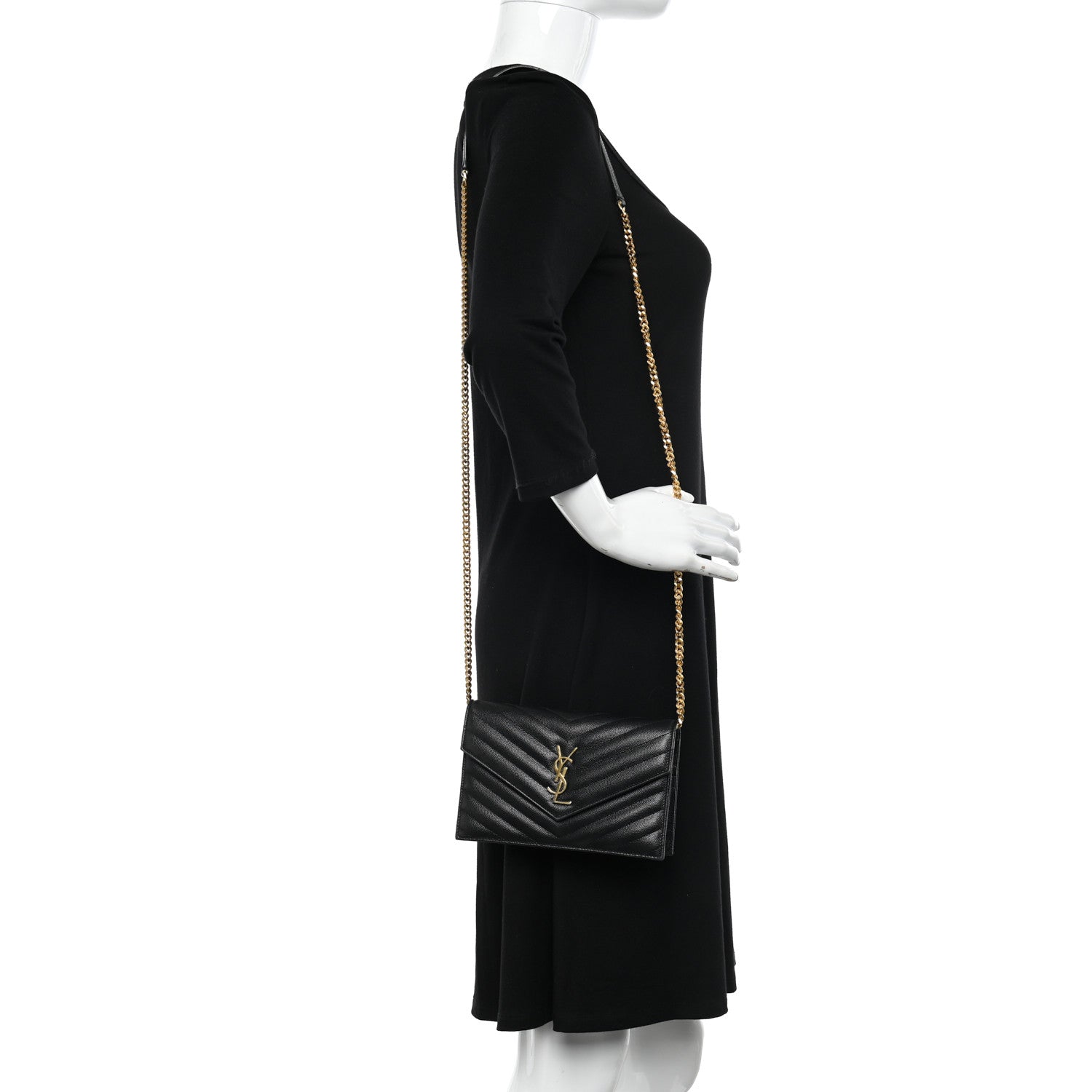 Saint Laurent Grain De Poudre Matelasse Chevron Monogram Envelope Chain Wallet Black 2 of 12