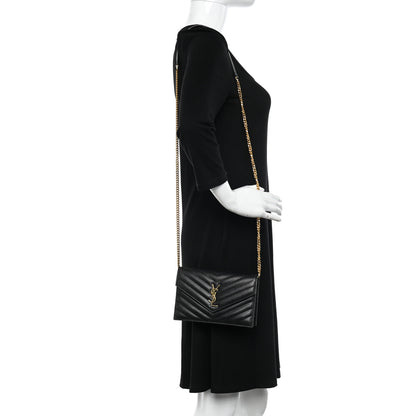 Saint Laurent Grain De Poudre Matelasse Chevron Monogram Envelope Chain Wallet Black 2 of 12