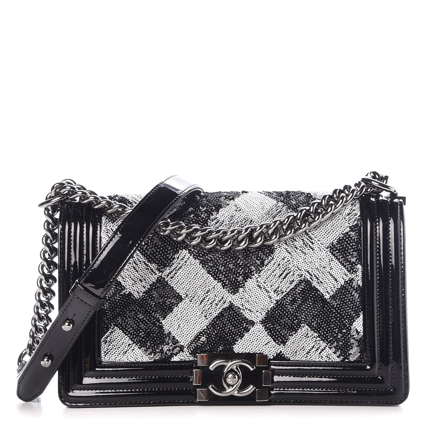 Patent Iridescent Calfskin Sequin Medium Boy Flap Bag Black