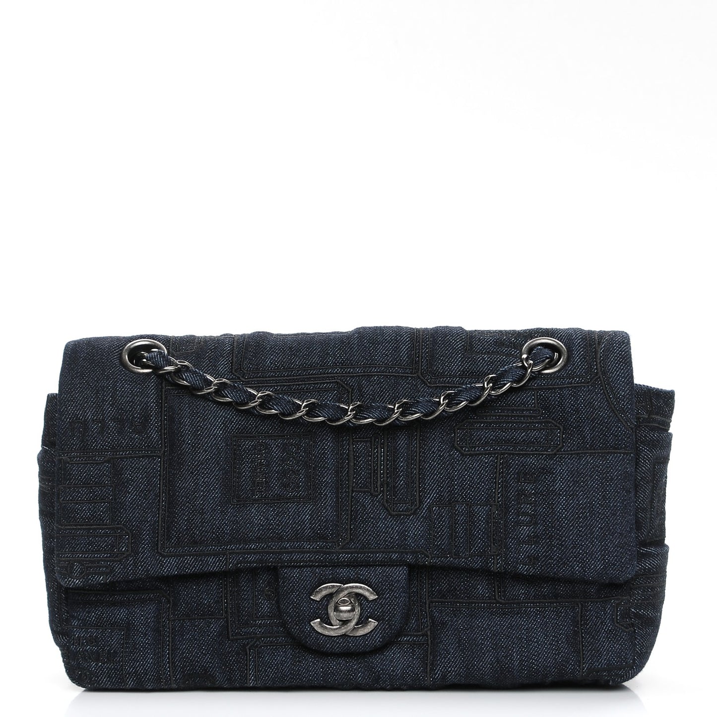Denim Embroidered Medium Perfume Bottle Flap Blue