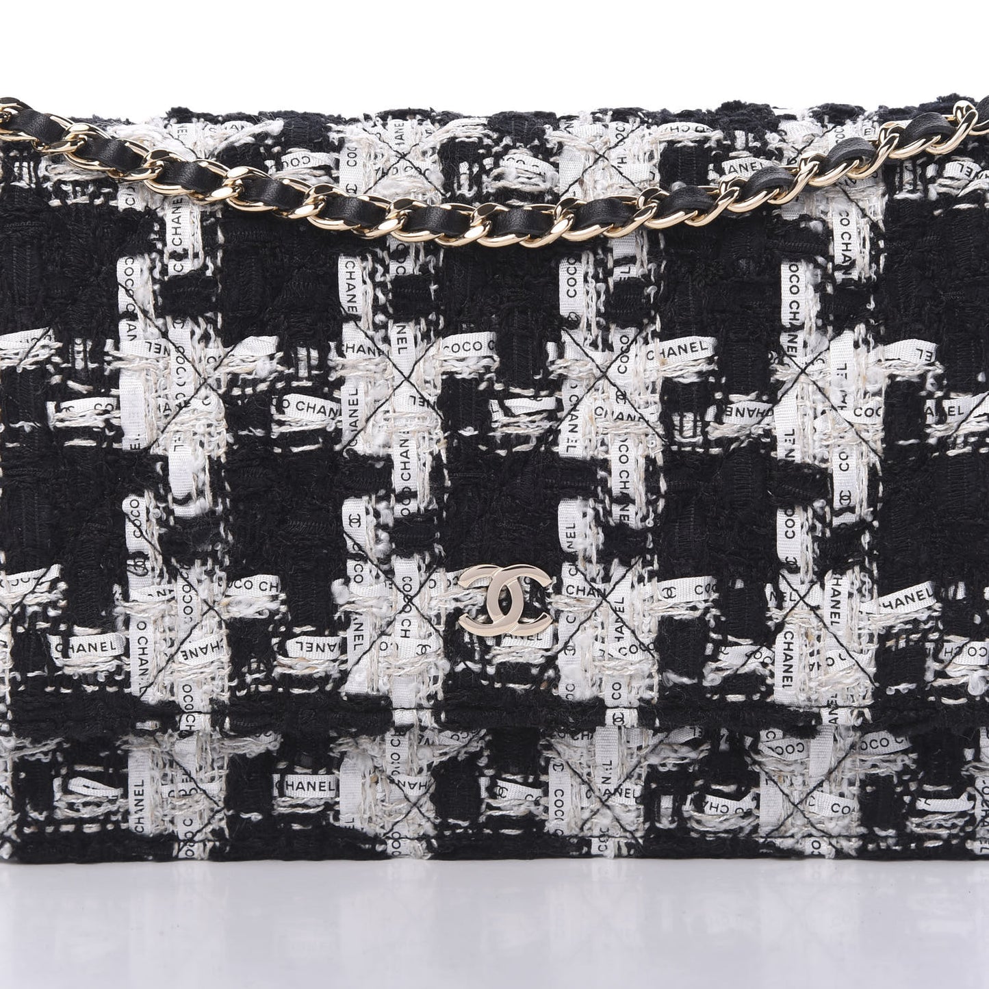 Tweed Quilted Wallet On Chain WOC Black Ecru White