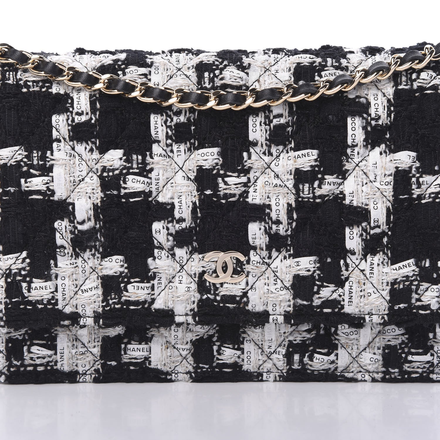 Chanel Tweed Quilted Wallet On Chain WOC Black Ecru White 8 of 11