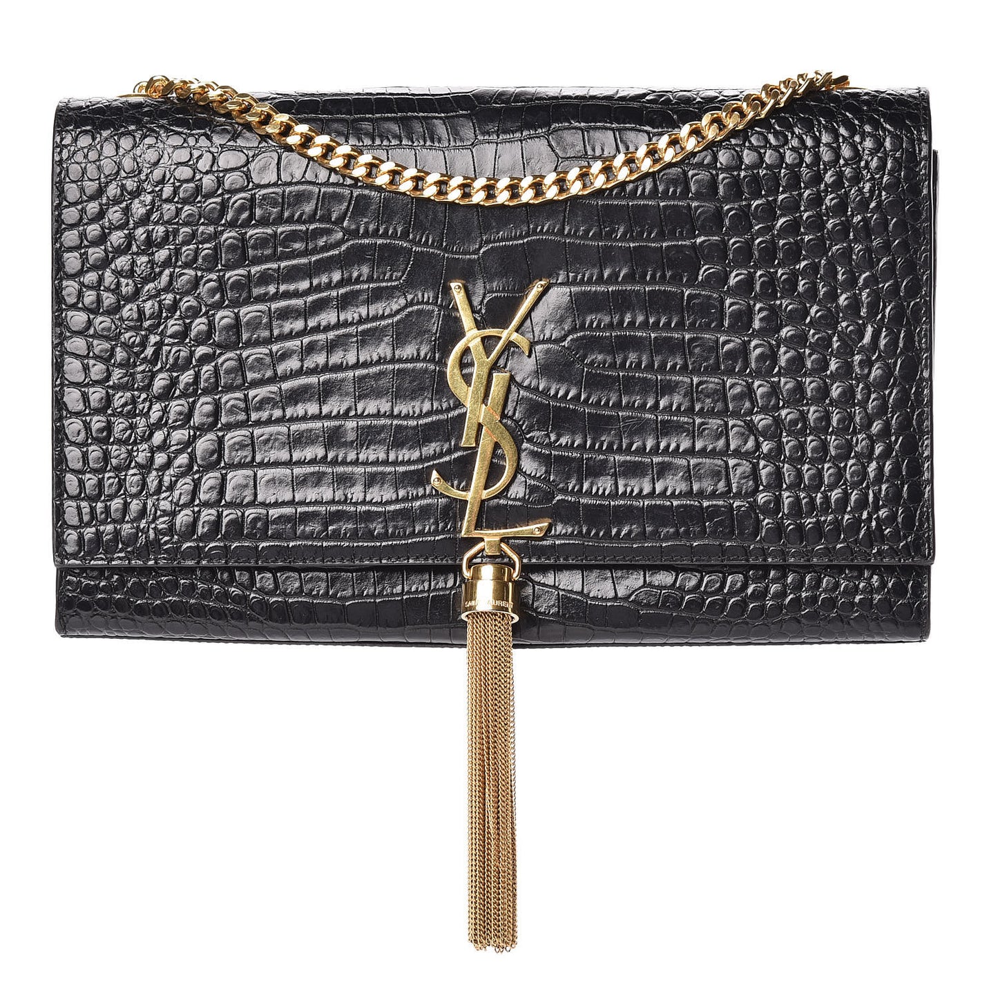 Calfskin Crocodile Embossed Medium Classic Monogram Kate Tassel Satchel Black