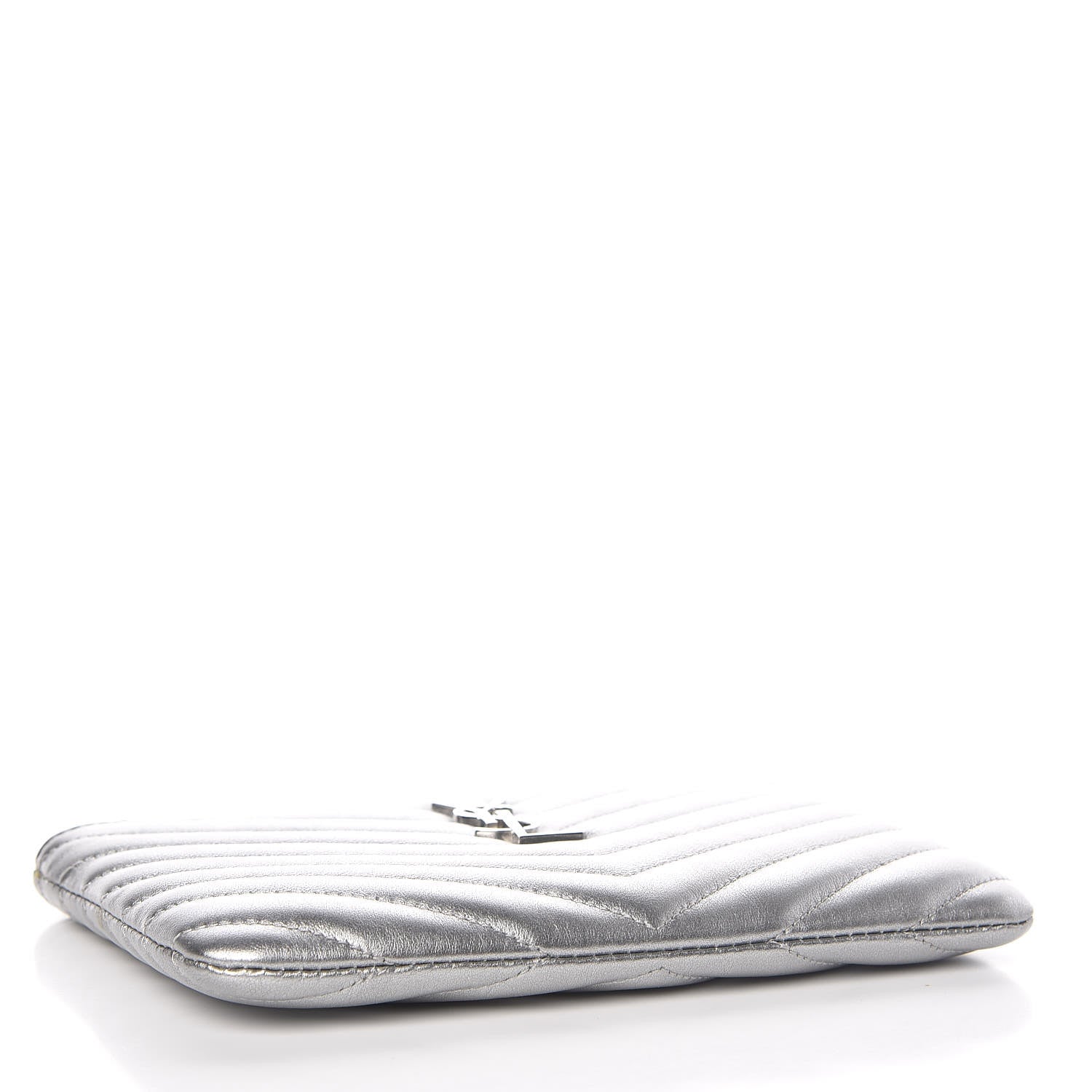 Saint Laurent Metallic Calfskin Matelasse Chevron Monogram Pouch Silver 4 of 16