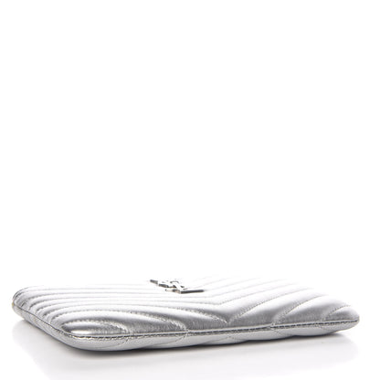 Saint Laurent Metallic Calfskin Matelasse Chevron Monogram Pouch Silver 4 of 16