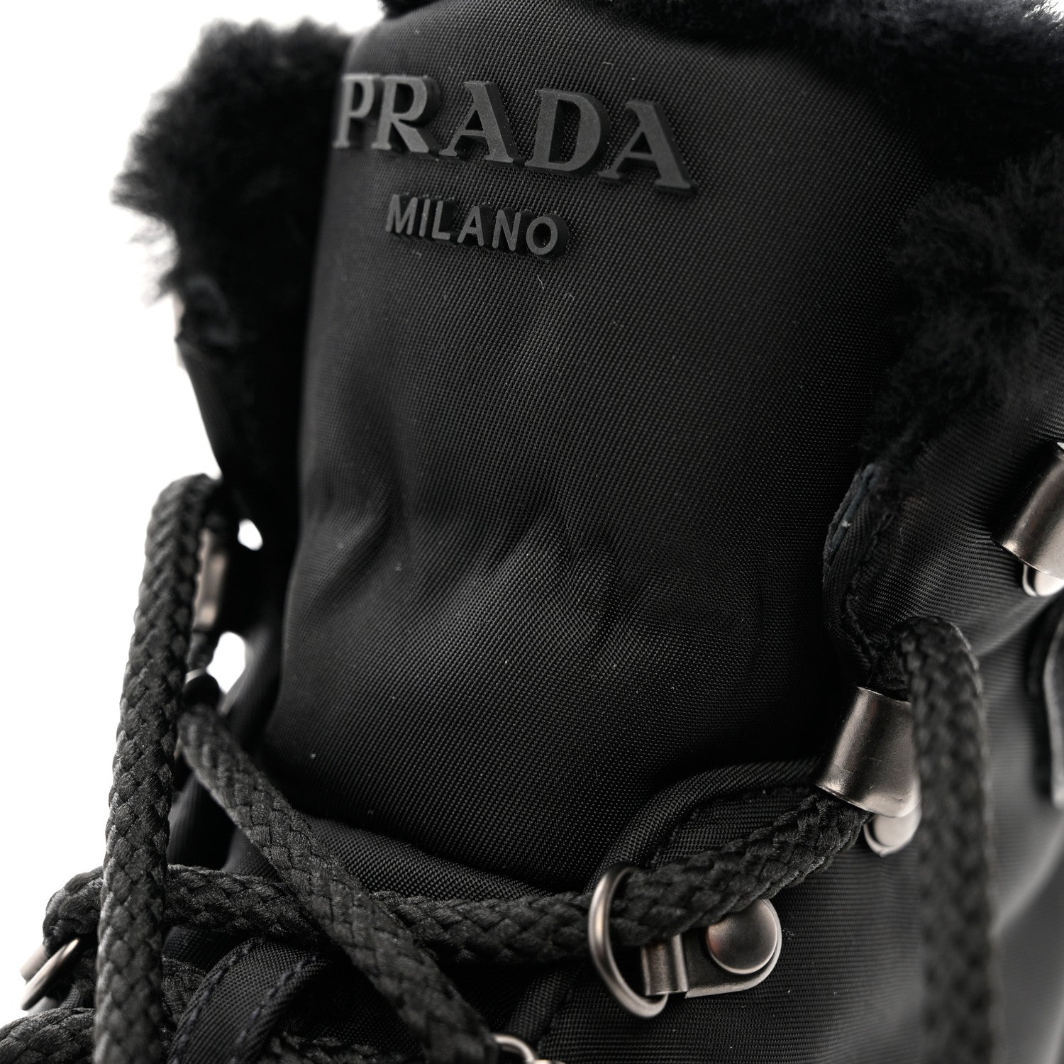 Prada Calfskin Nylon Shearling Metal Triangle Logo Brixxen Boots 37.5 Black 8 of 9