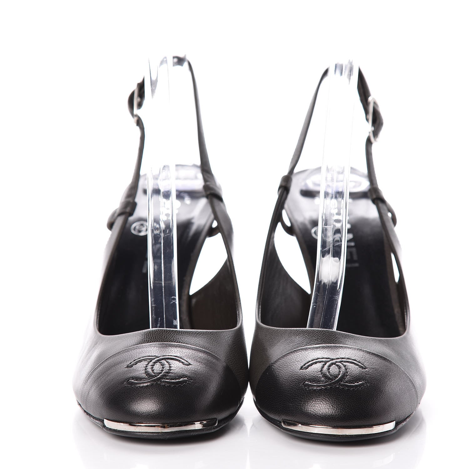 Chanel Lambskin Cap Toe CC Slingback Heels 38.5 Grey Black 2 of 13