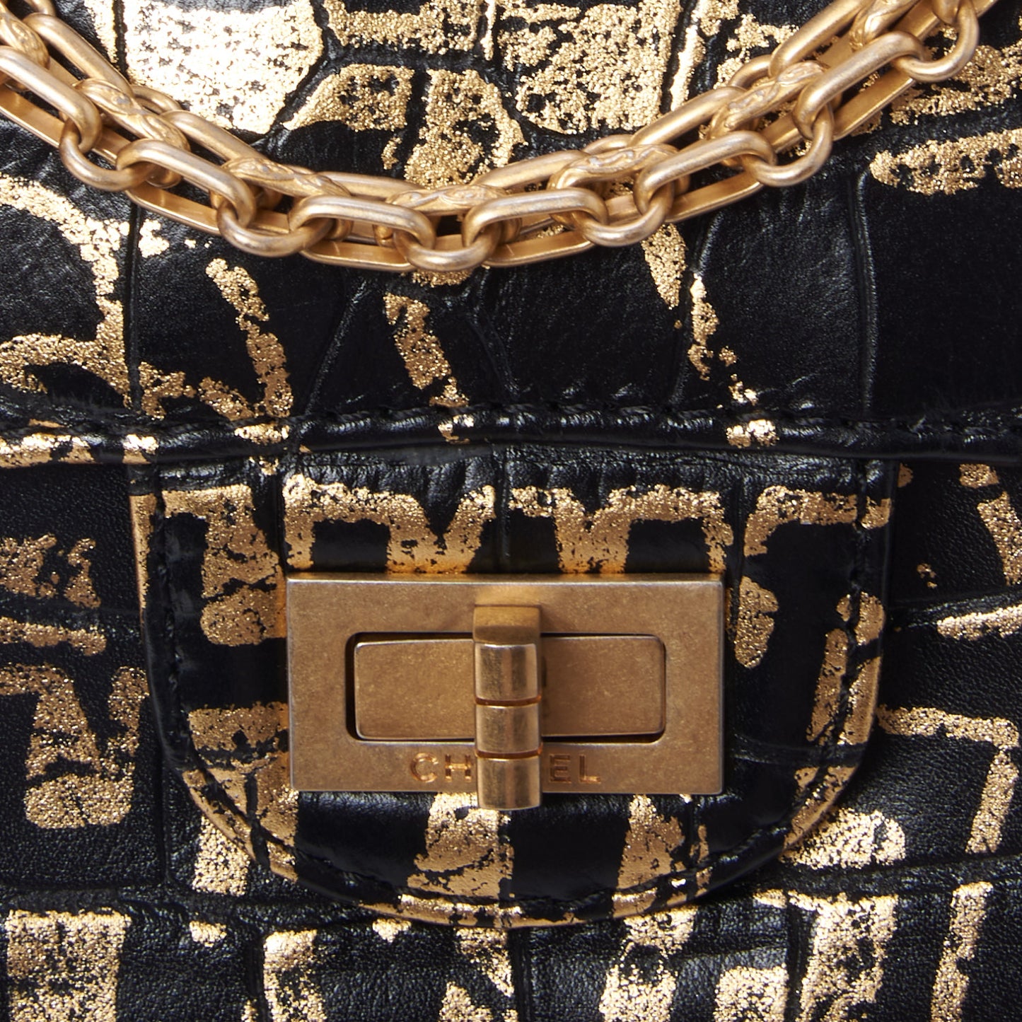 Calfskin Crocodile Embossed Graffiti 2.55 Mini Cocodile Reissue Flap Black Gold