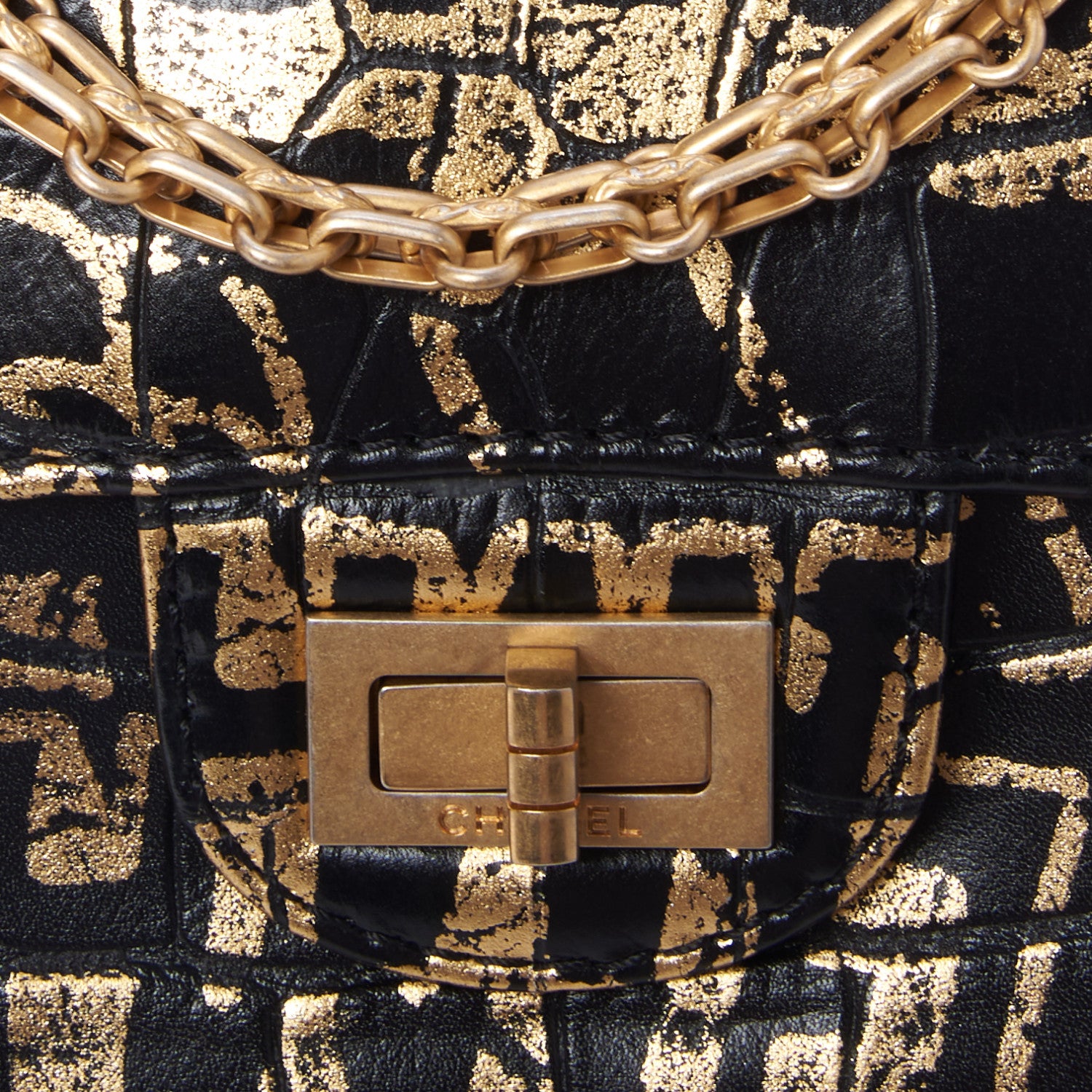Chanel Calfskin Crocodile Embossed Graffiti 2.55 Mini Cocodile Reissue Flap Black Gold 8 of 11