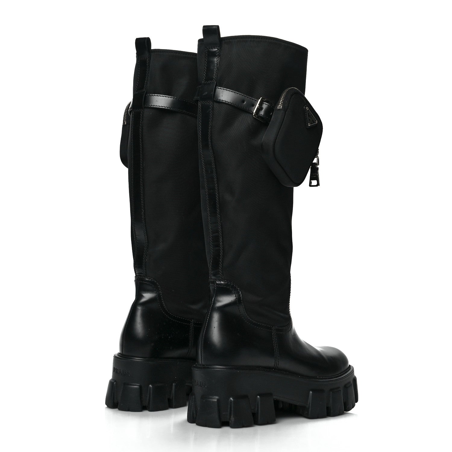 Prada Spazzolato Rois Re-Nylon Metal Triangle Logo Monolith Pouch Pocket 55mm Tall Boots 38 Black 4 of 10